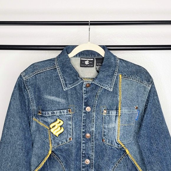 Rocawear RocDenimCorp Vintage 90s Denim Jacket w/ Yellow & White Embroidery SZ M - Picture 2 of 13